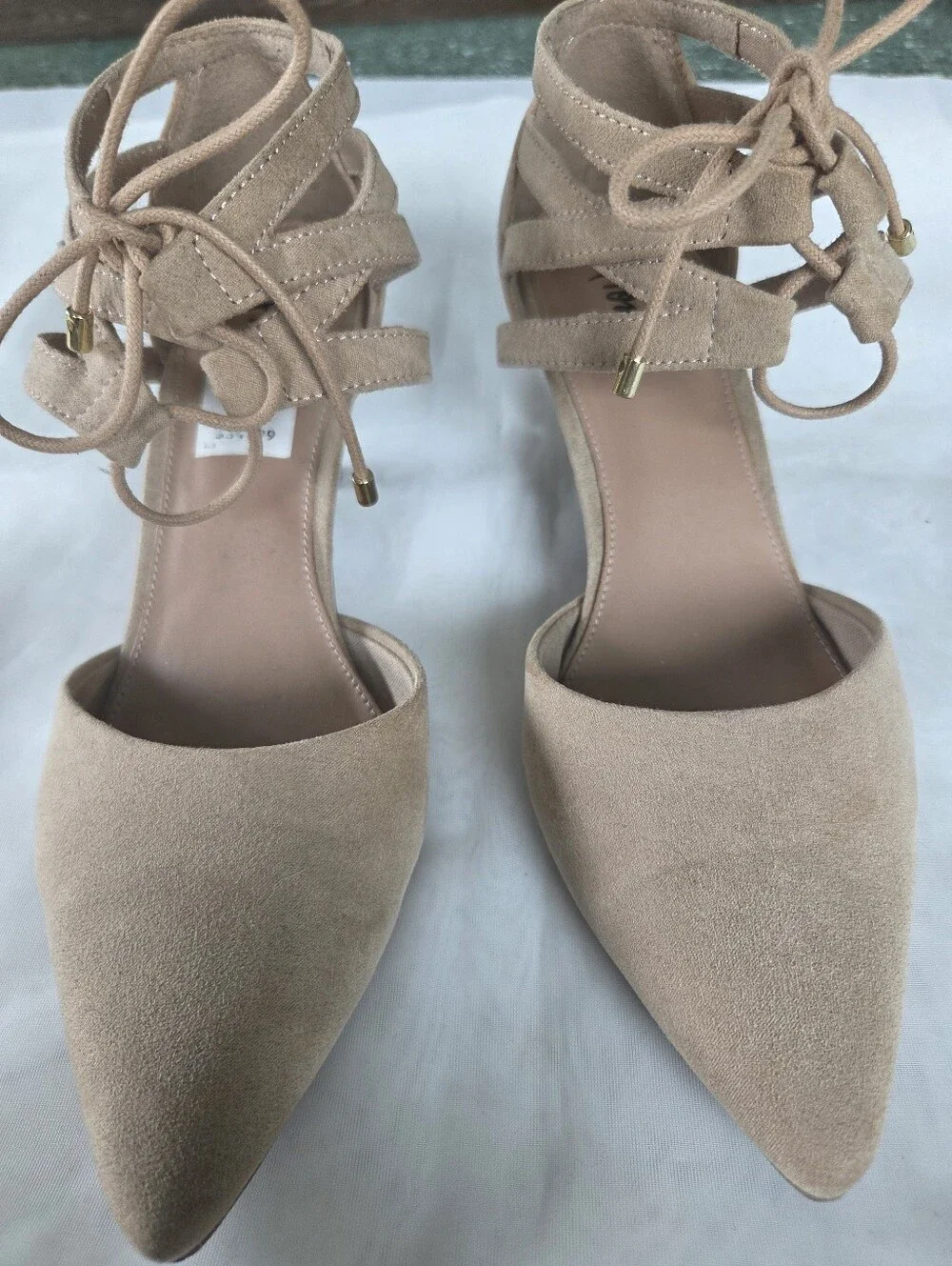 Lace-Up Pointed-Toe Heels‎ in Beige